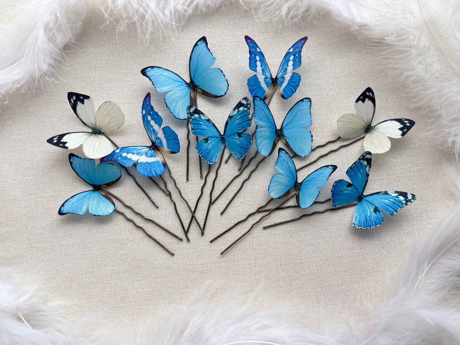 Set of 3 Hairpins With Faux Butterflies Hand Made of Silk 