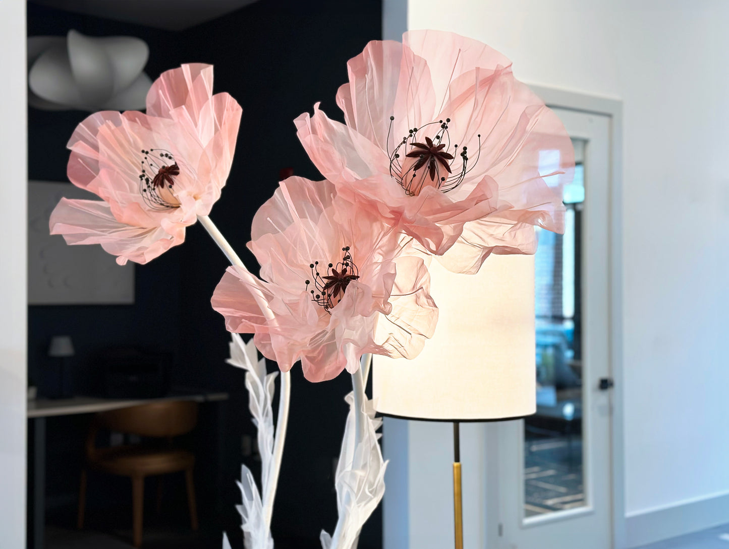 Tender Pink Giant Flowers Set of 3 Flowers on White Stems