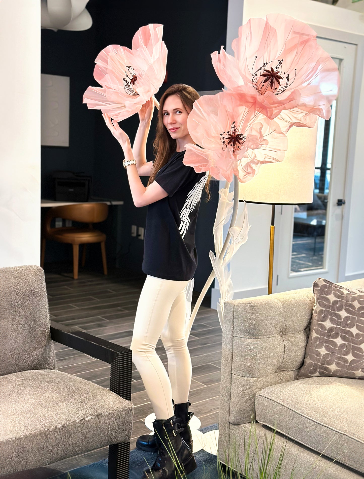 Tender Pink Giant Flowers Set of 3 Flowers on White Stems