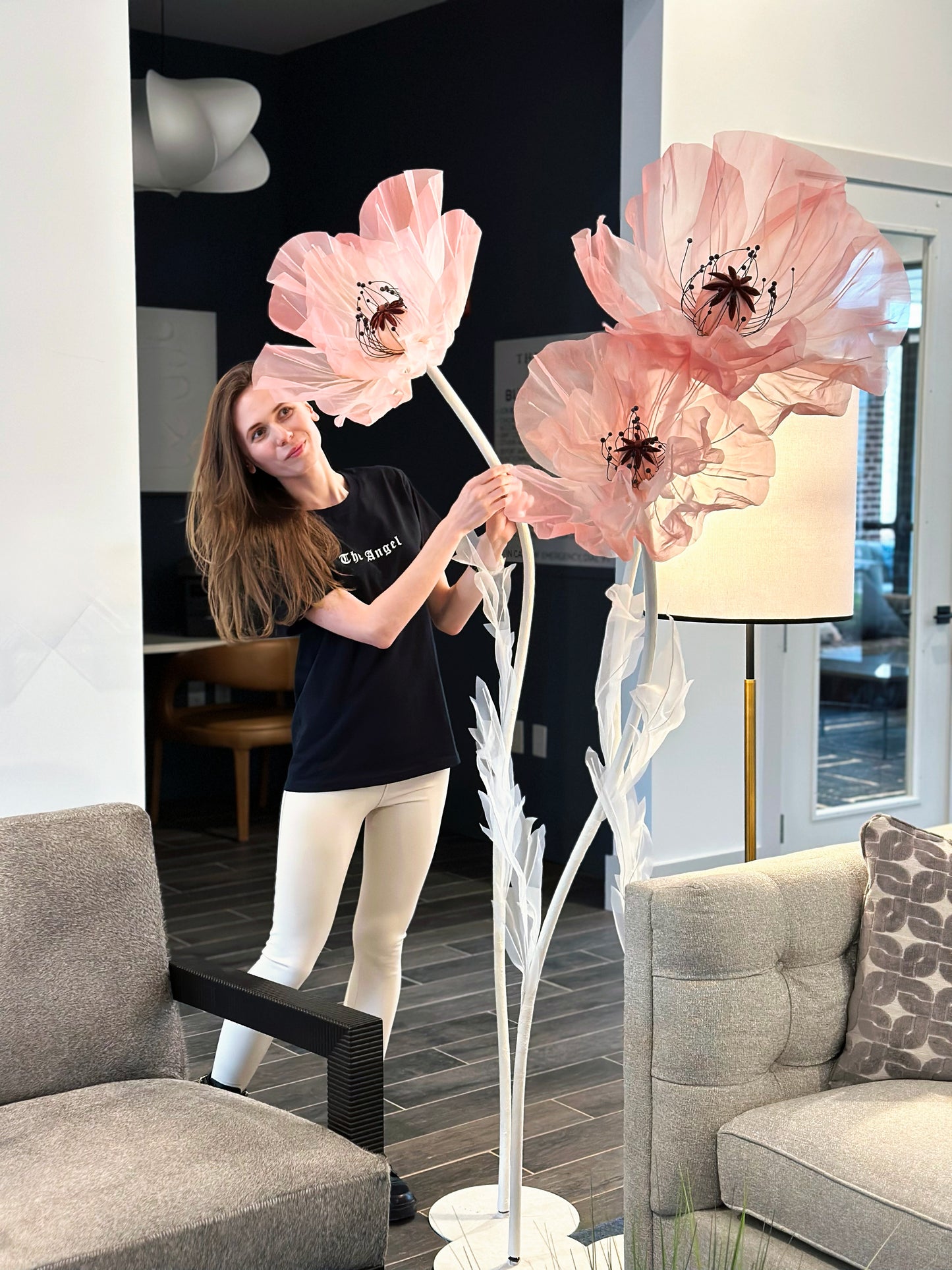 Tender Pink Giant Flowers Set of 3 Flowers on White Stems
