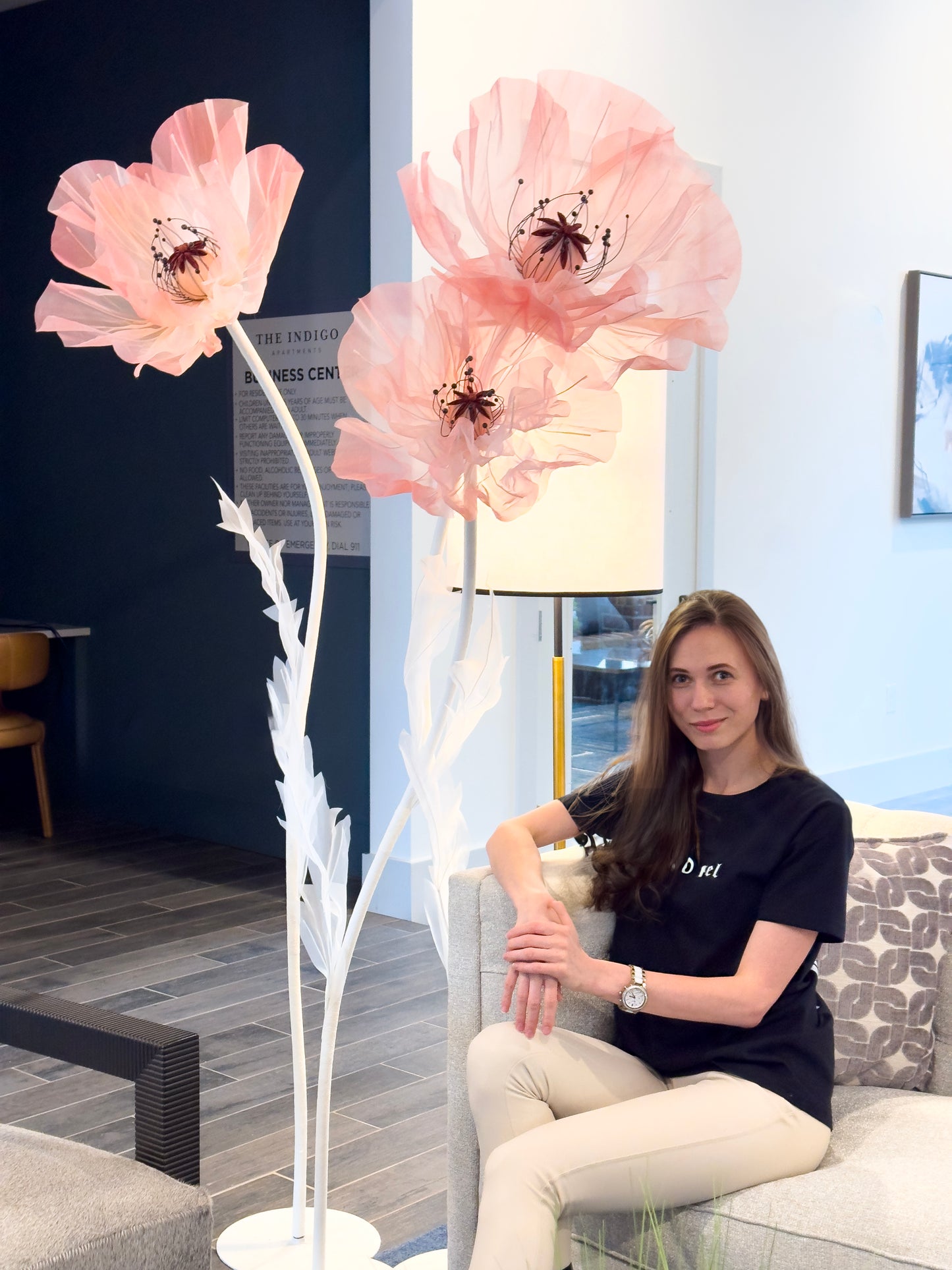 Tender Pink Giant Flowers Set of 3 Flowers on White Stems