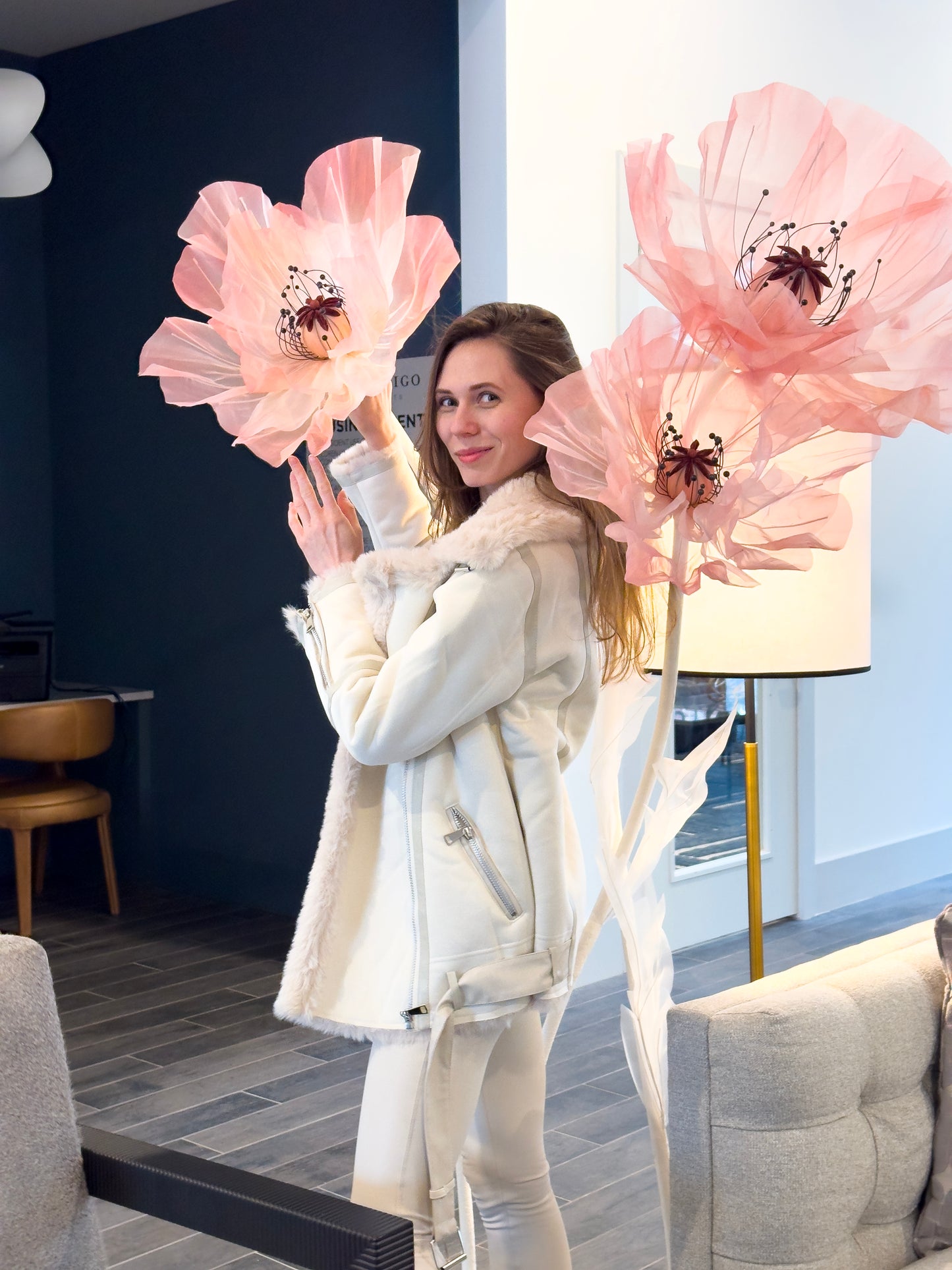 Tender Pink Giant Flowers Set of 3 Flowers on White Stems