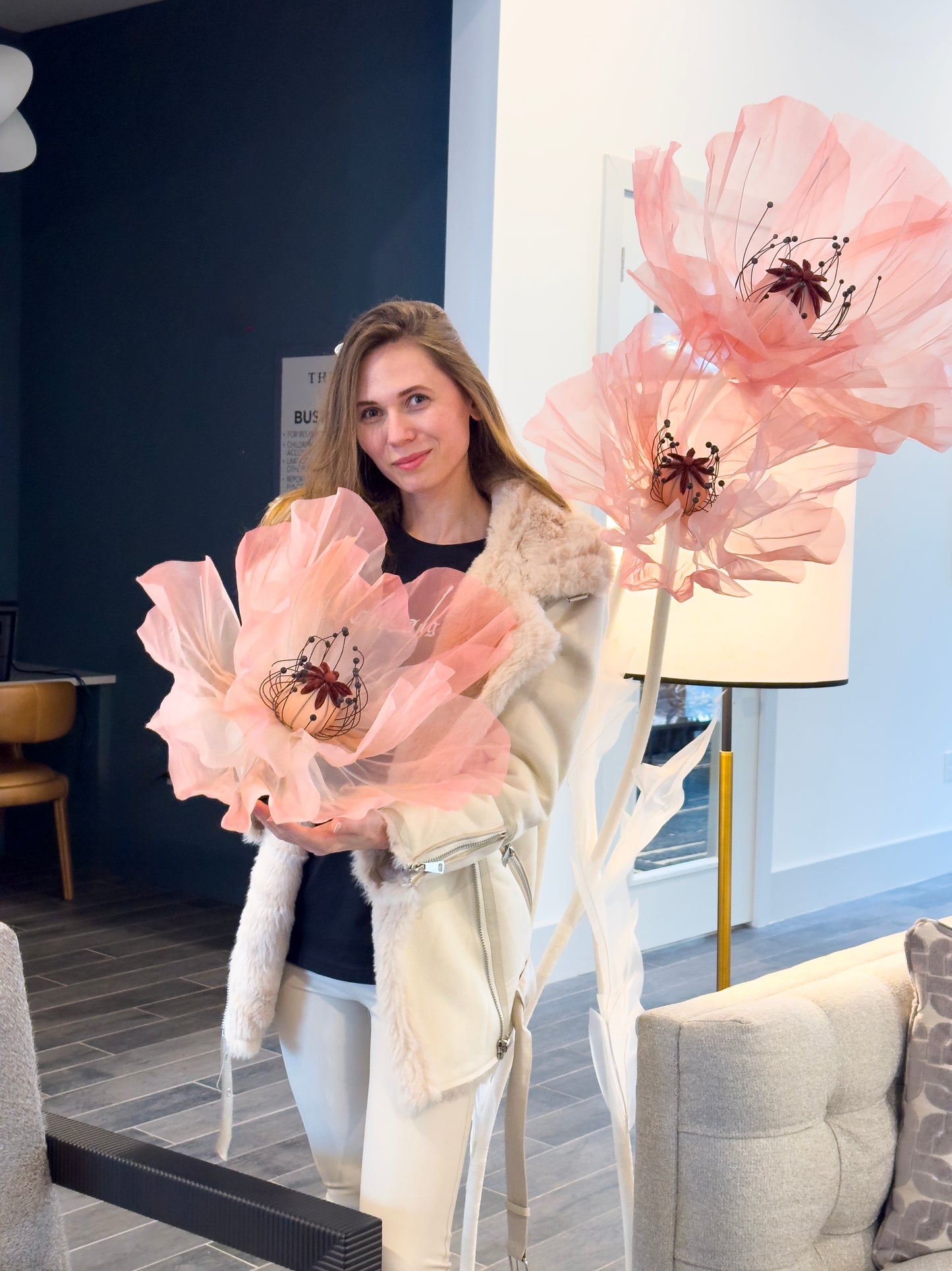 Tender Pink Giant Flowers Set of 3 Flowers on White Stems