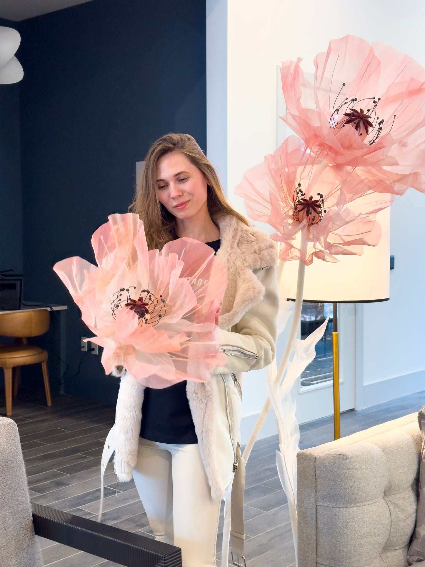 Tender Pink Giant Flowers Set of 3 Flowers on White Stems