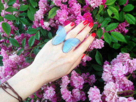 Blue butterfly ring with stunning silk wings