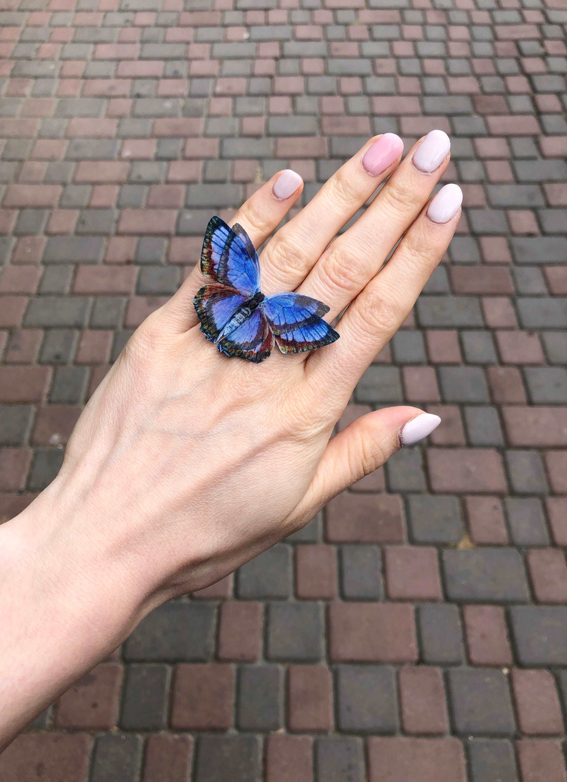 Faux Silk Indigo Blue Butterfly Detail on Handcrafted Adjustable Ring - Nature-Inspired Insect Jewelry for Boho Style Lovers