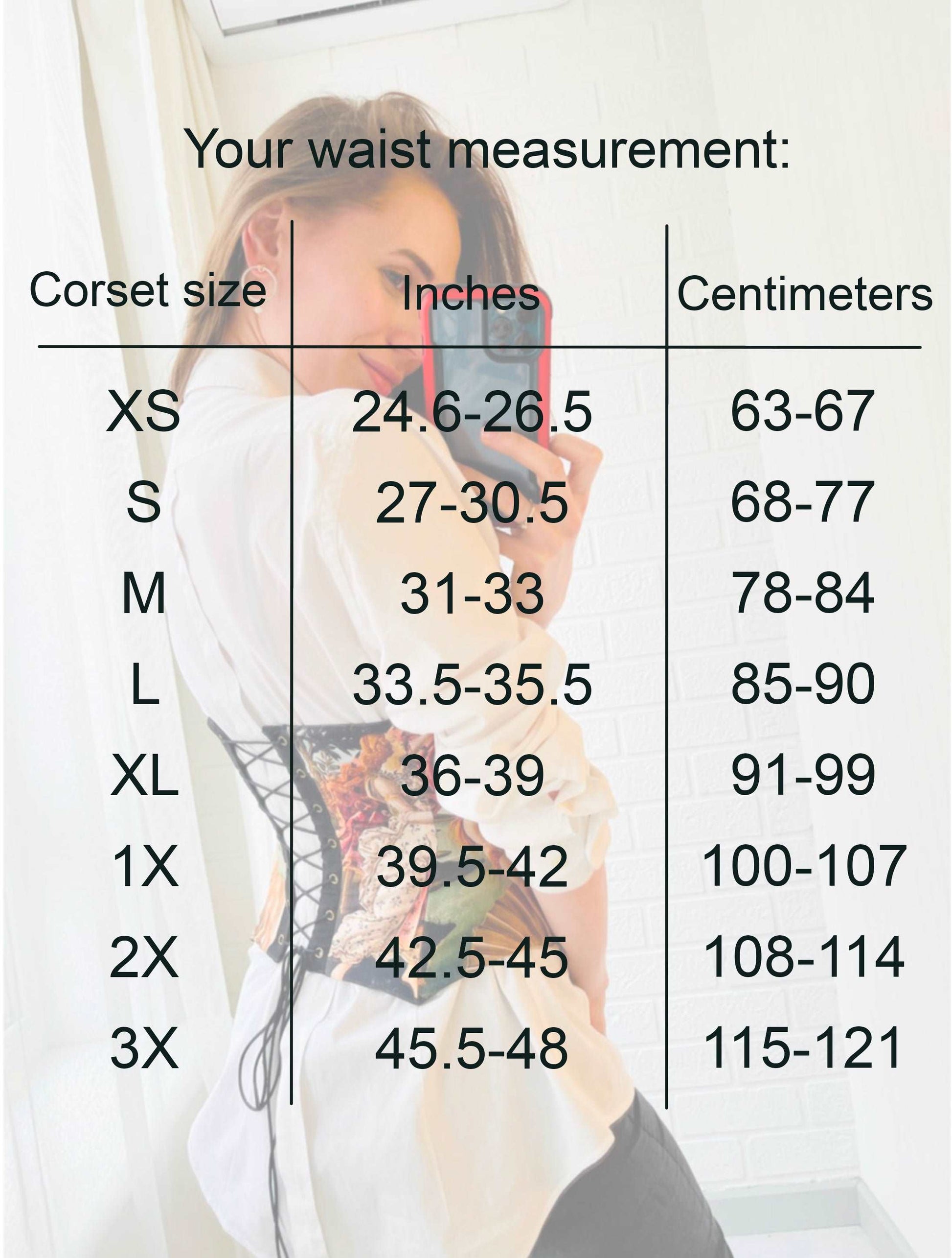 Size chart for corsets size and waist measurement