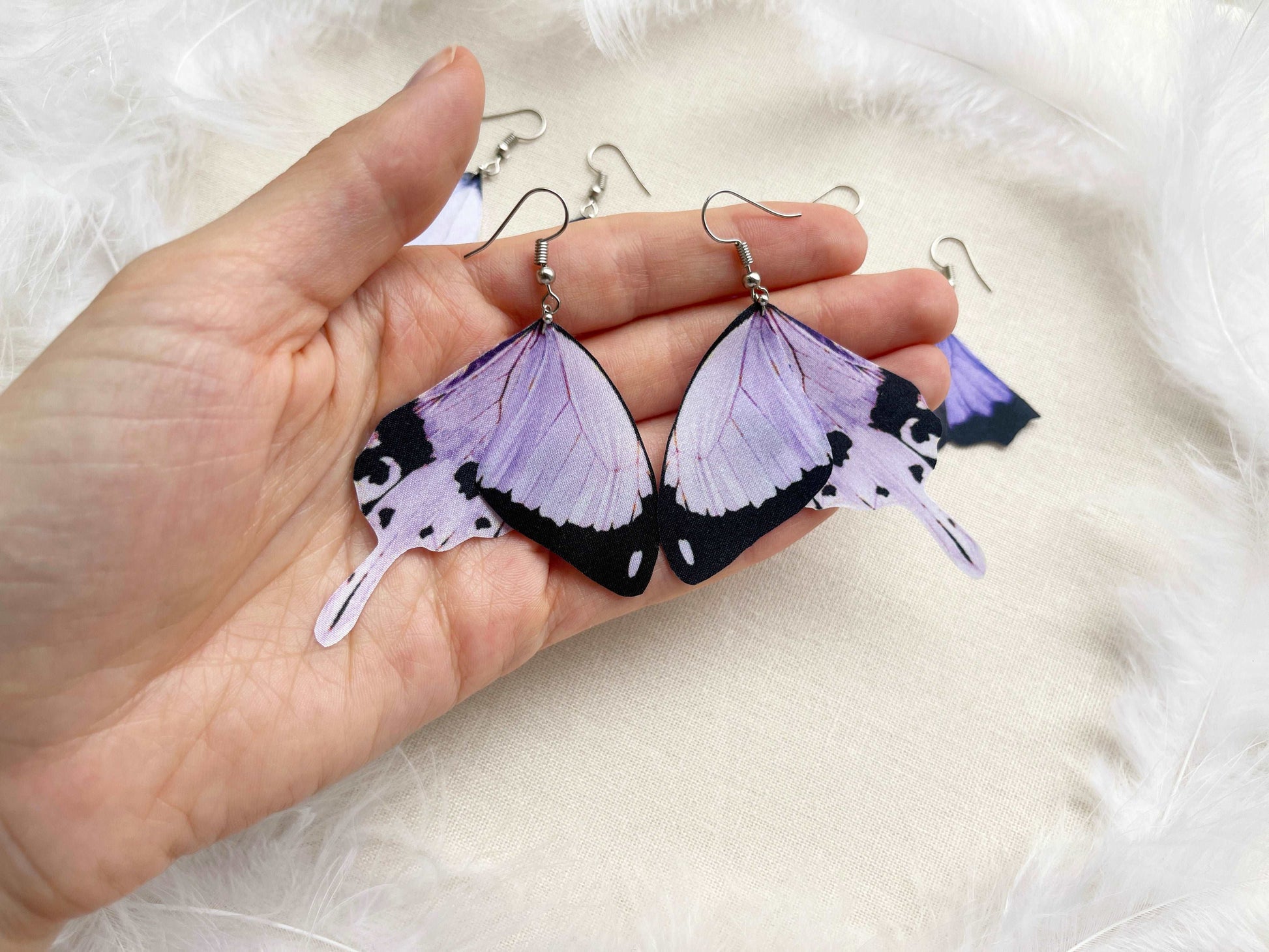Funky lilac butterfly wings earrings with gold threader - unique and cool jewelry