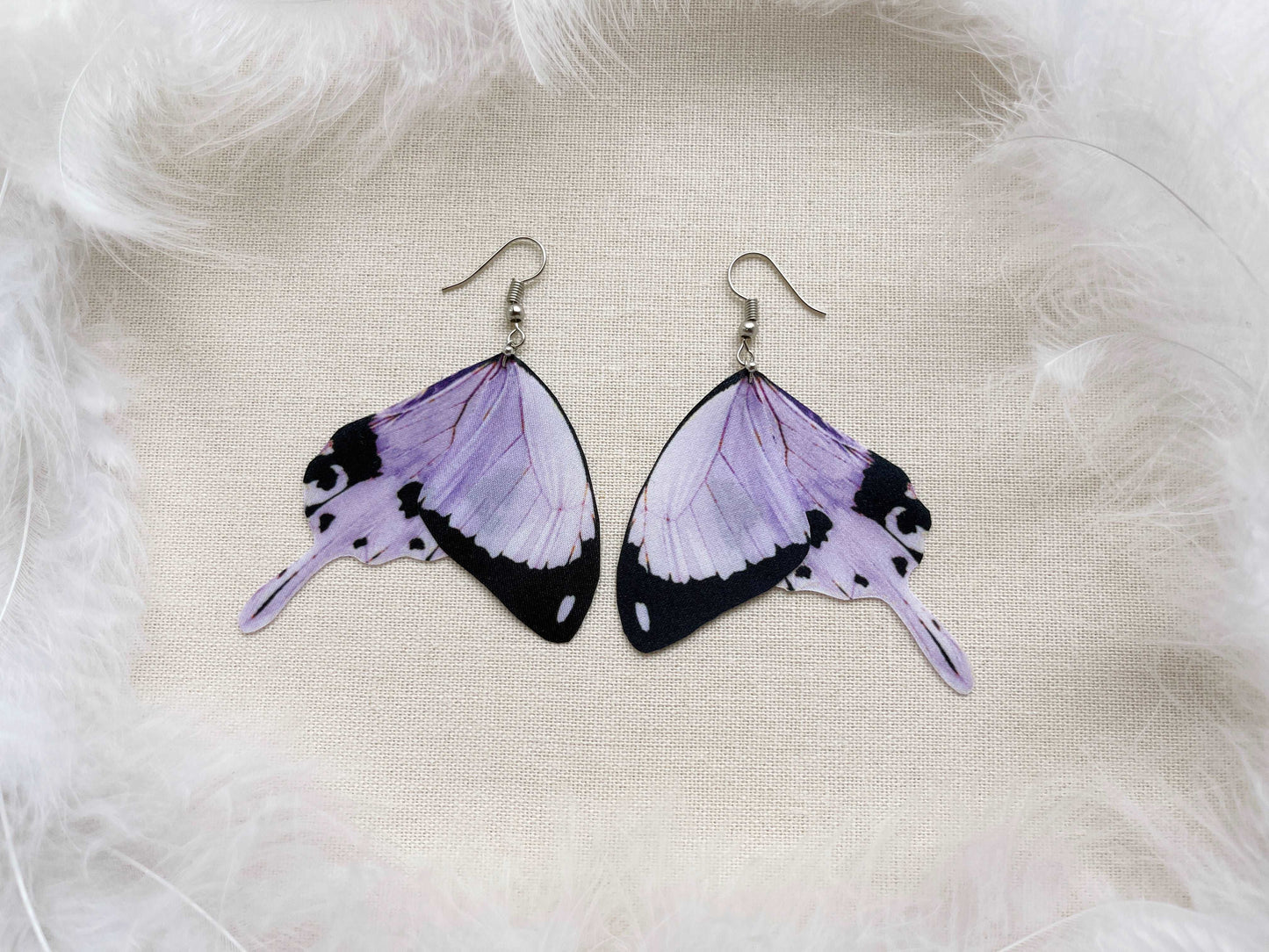 Lilac butterfly wing earrings - handmade using sustainable materials
