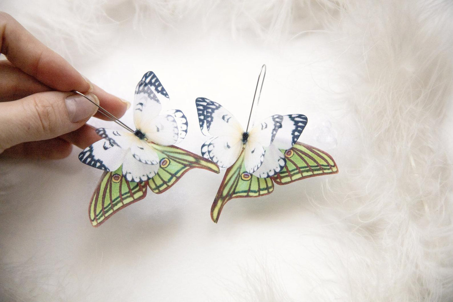 Unique ivory butterfly wing earrings with lunar moth charm