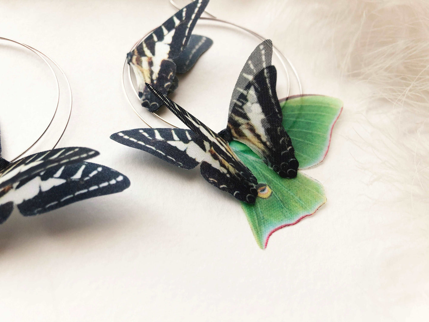 Silver Hoop Earrings with Beautifully Crafted Luna Moth Accents