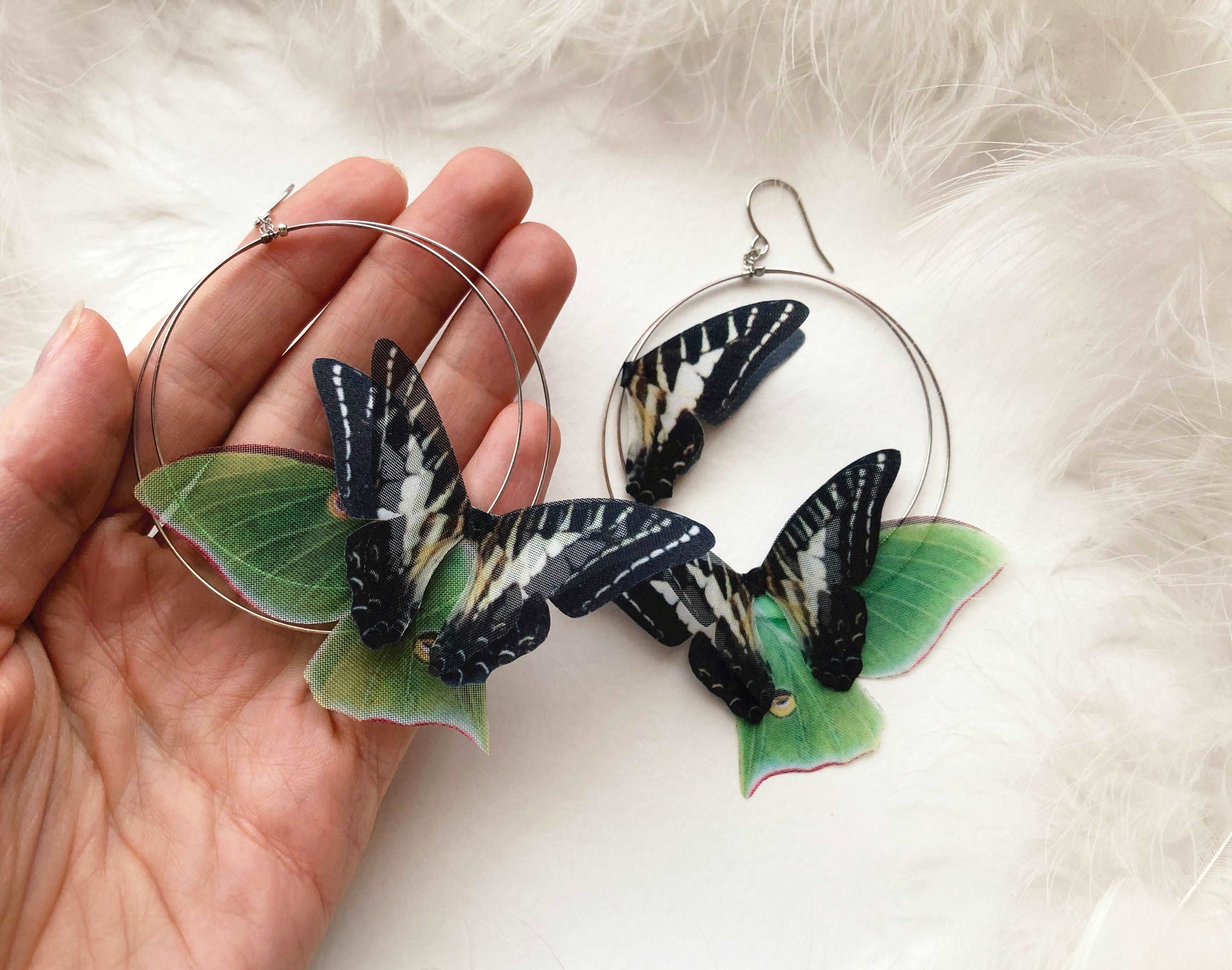 BoHo Style Luna Moth Earrings with Silver Hoops and Delicate Faux Moth Accents