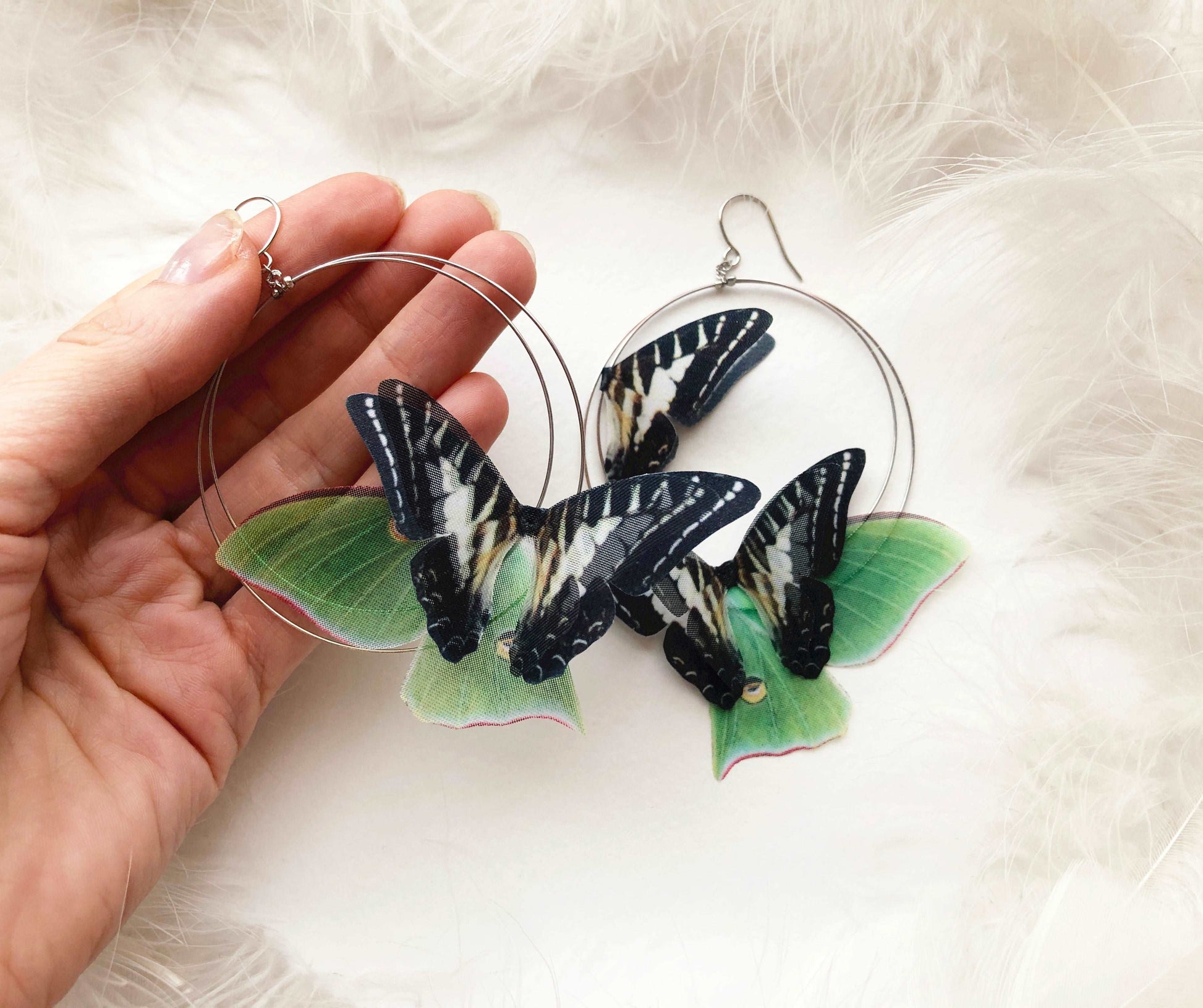 Close-up of Luna Moth Double Hoop Earrings with Silver Hoops and Faux Moth Accents
