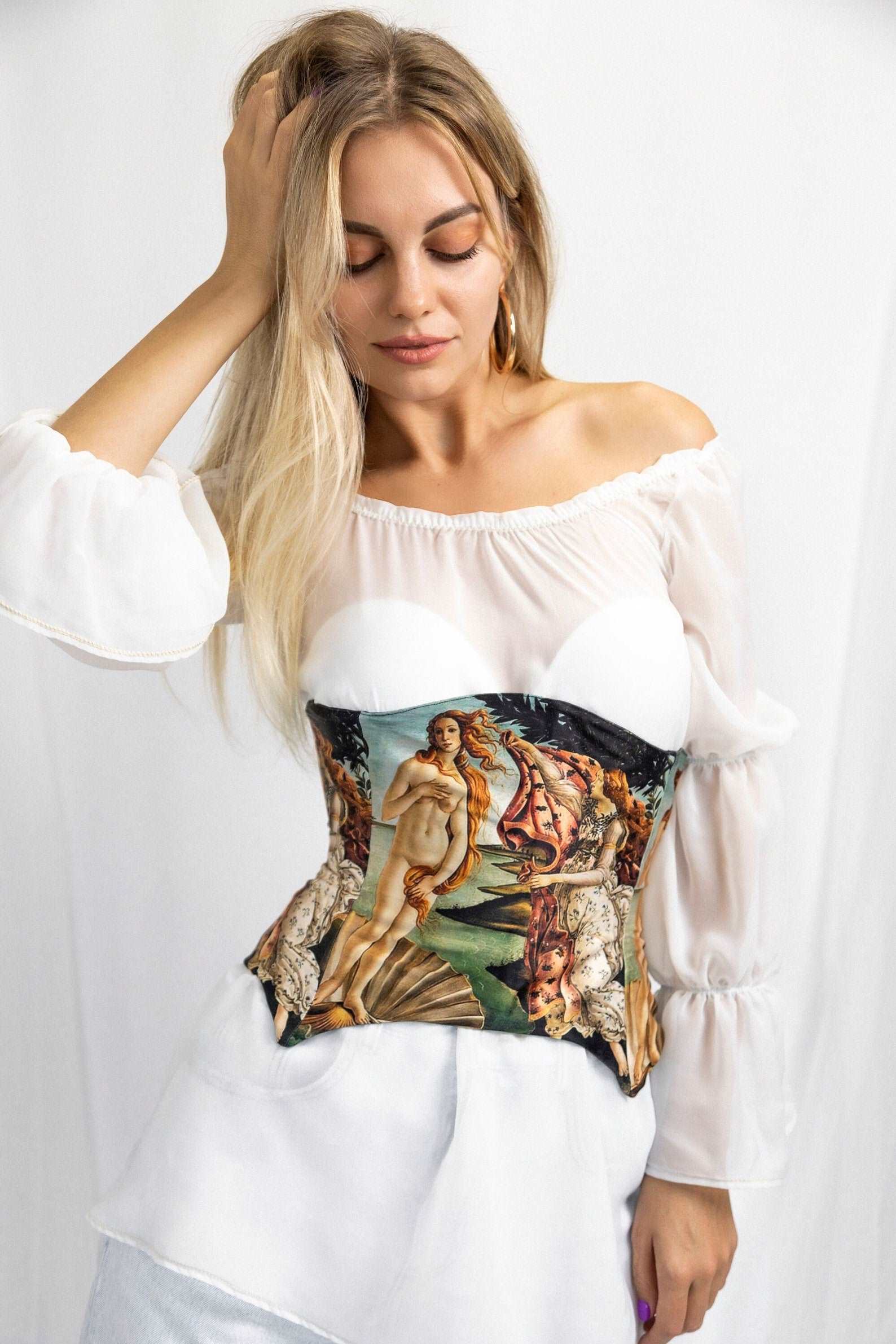 Green silk under bust corset on model, front view, with black lacing and inspired by Botticelli's The Birth of Venus