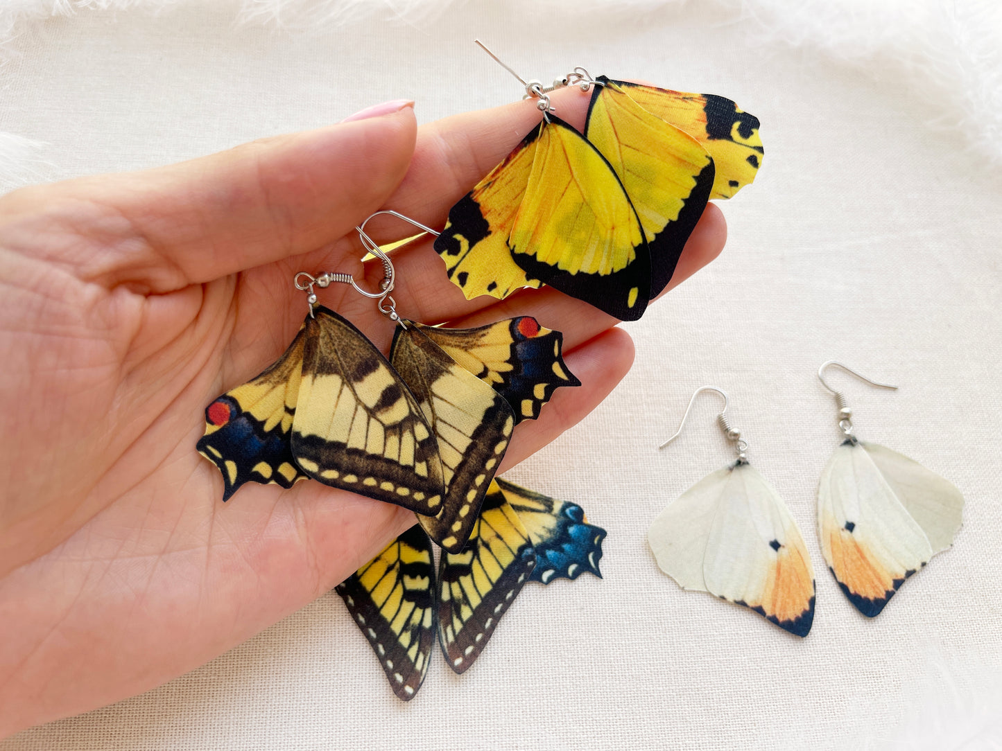 Butterfly earrings in boho style hand made of silk lightweight and big in the same time, perfect gift for anyone who loves butterflies and moths, earrings in boho chic style with silk butterfly wings eco friendly and sustainable hand made of silk