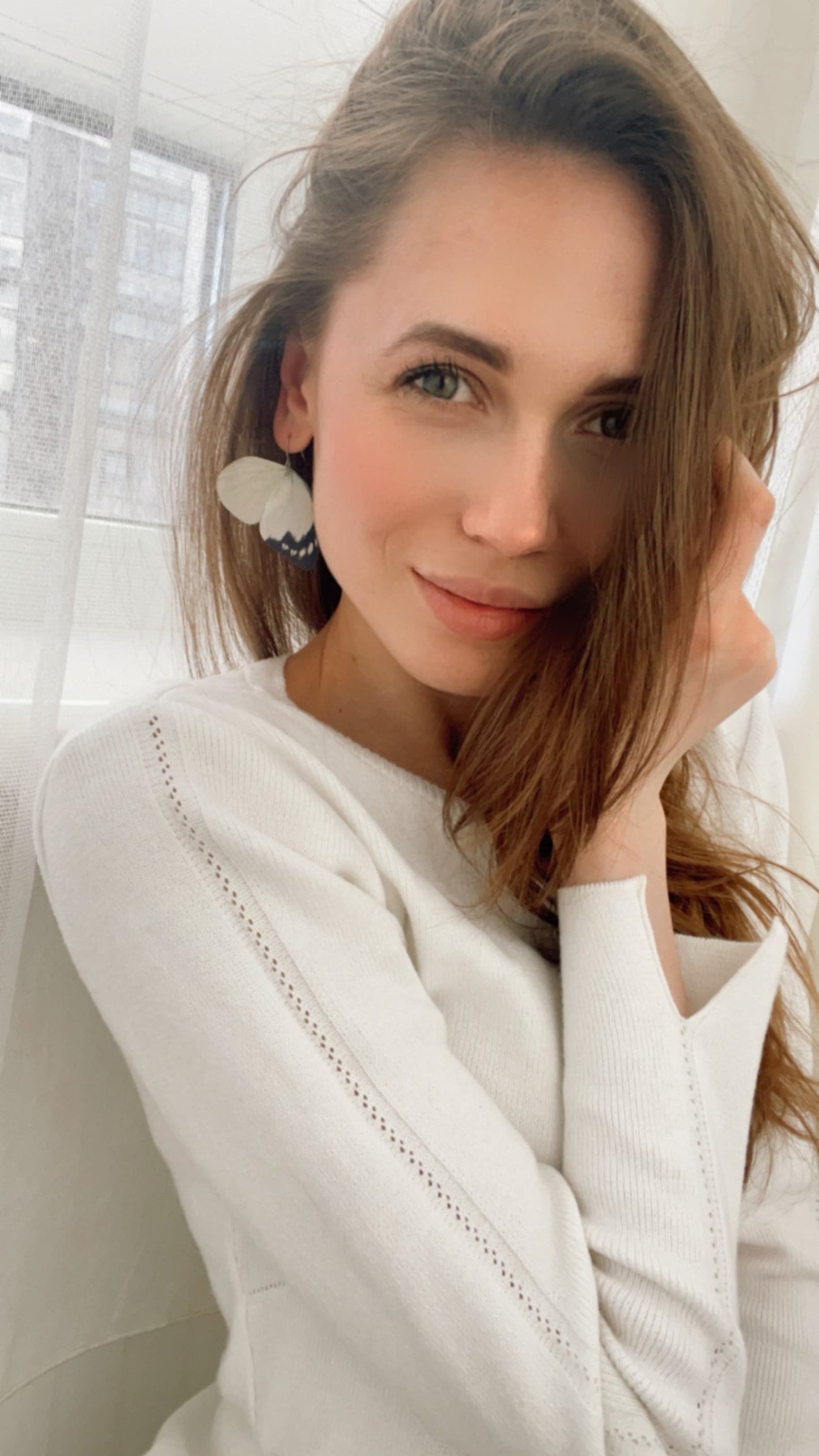 Handmade ivory fabric butterfly wing earrings