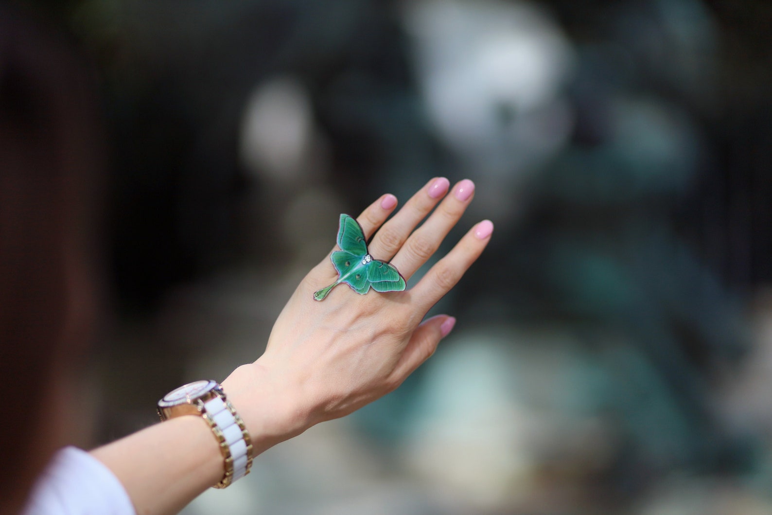 Luna Moth Ring on model