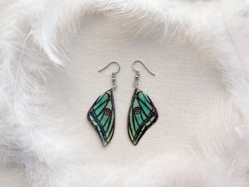 Spanish Luna Moth Wing Earrings on White Background
