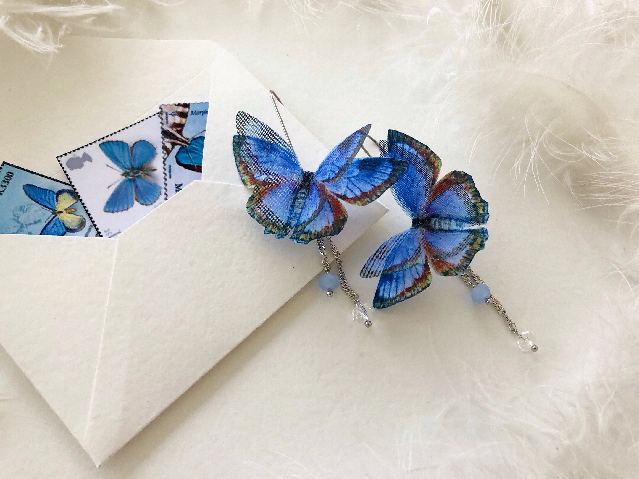 Unique something blue earrings for bride something blue crew, hand made silk butterfly earrings, fast shipping from the USA