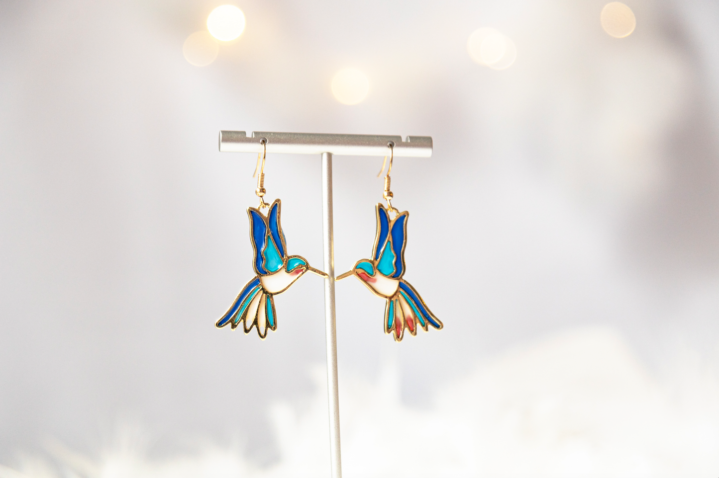 Gold hummingbird earrings handmade with enamel