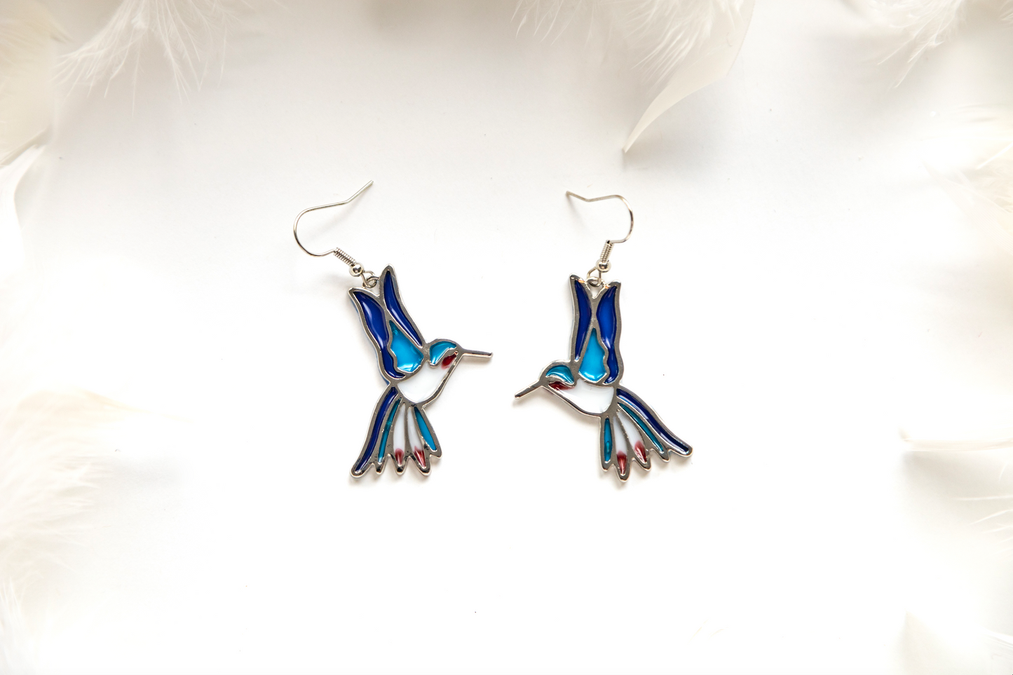 Silver hummingbird earrings handmade of enamel