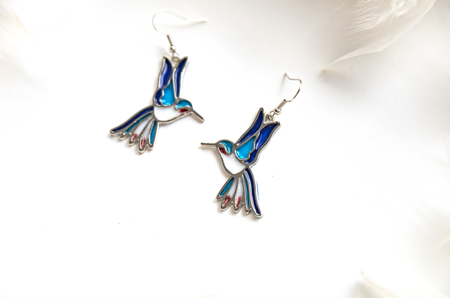 Silver minimalist earrings hummingbirds handmade of enamel