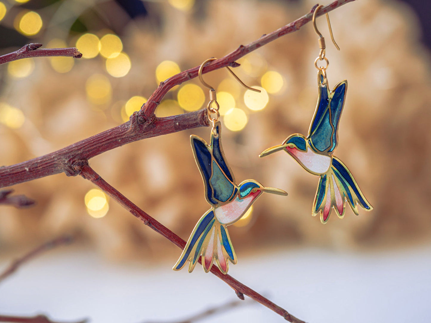 Brincos de beija-flor, brincos de vidro minimalistas, joias de pássaros douradas descoladas