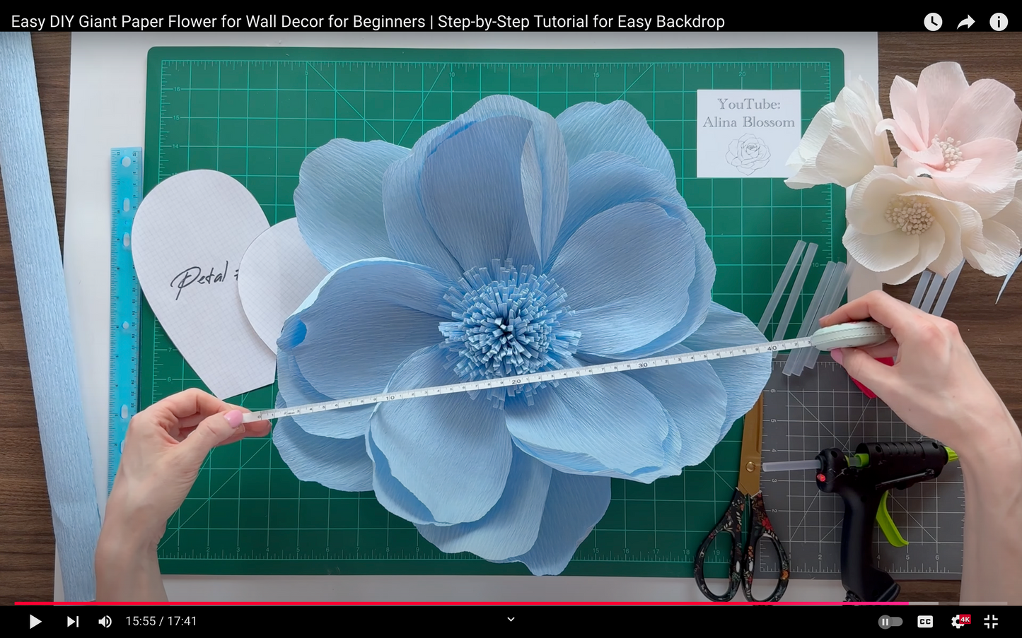 Giant Paper Flower tutorial on YouTube Channel Alina Blossom featuring the measurements of the flower in cm