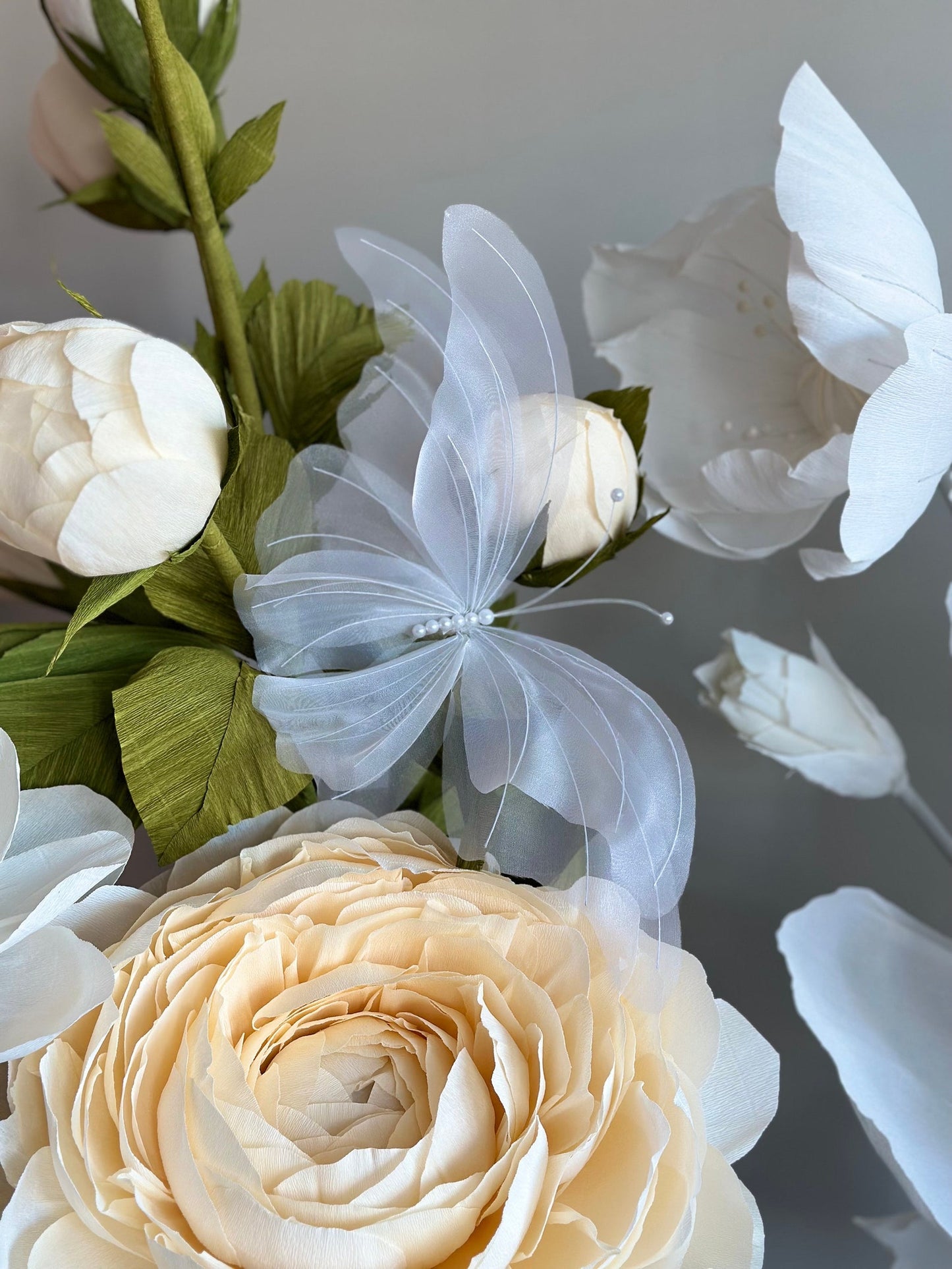 Close-up of white flowers and a butterfly with a gray background