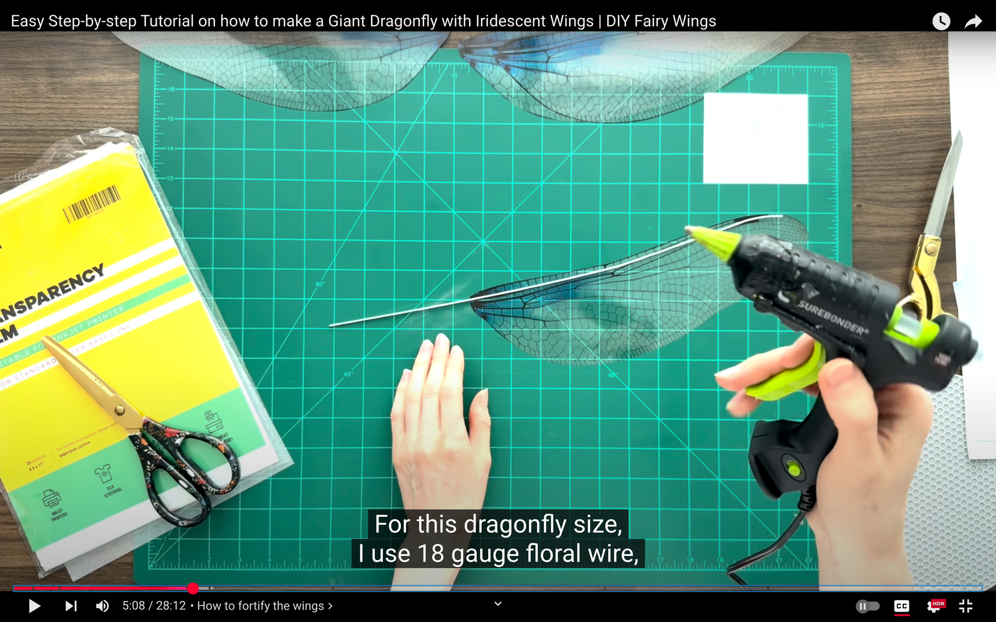 Step-by-step tutorial on making a giant dragonfly with iridescent wings using floral wire and a hot glue gun.