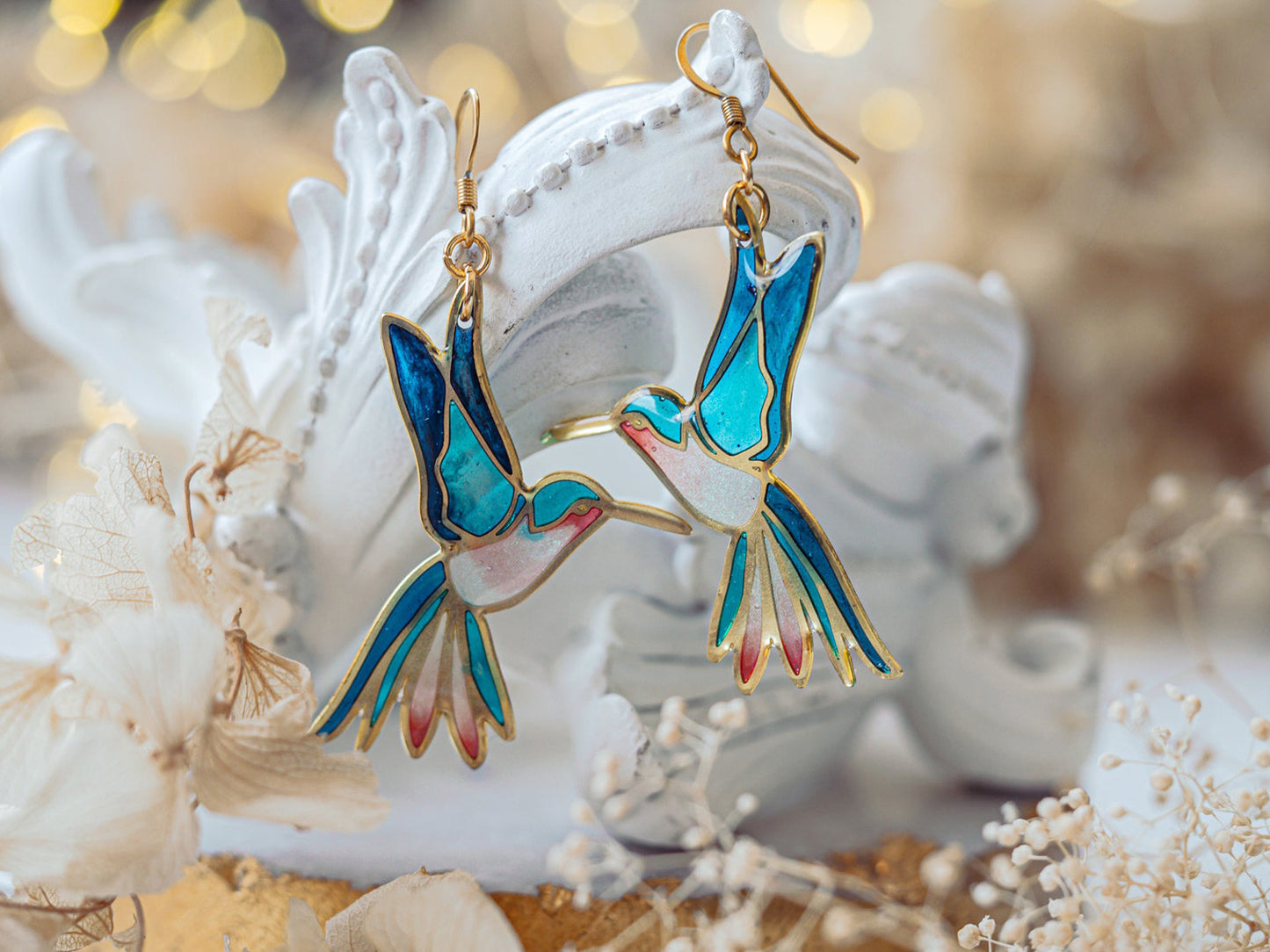 Hummingbird Earrings, Minimalist Glass Earrings, Funky Gold Bird Jewelry