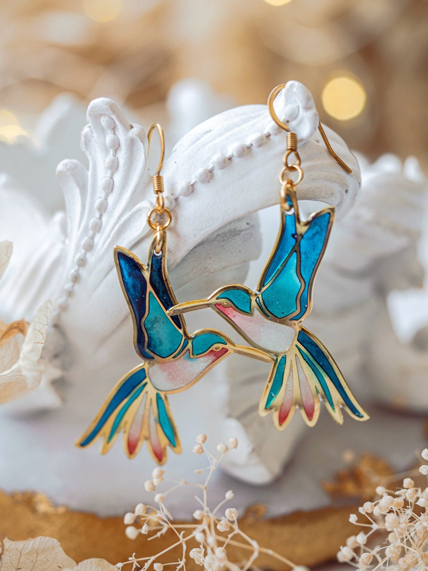 Hummingbird Earrings, Minimalist Glass Earrings, Funky Gold Bird Jewelry
