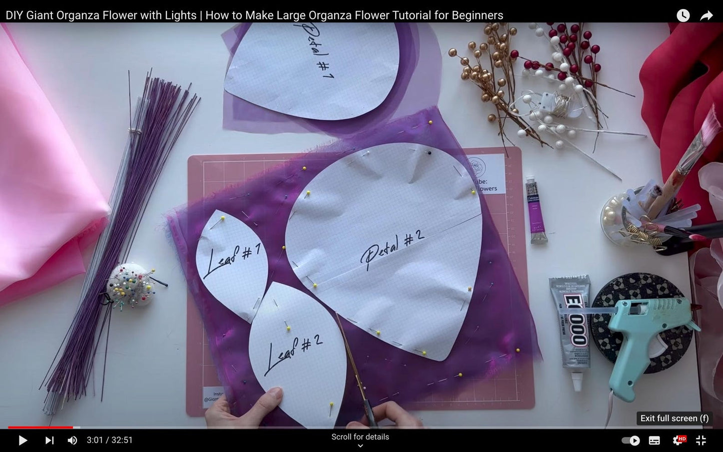 DIY Giant Organza Flower tutorial with materials and tools on a table