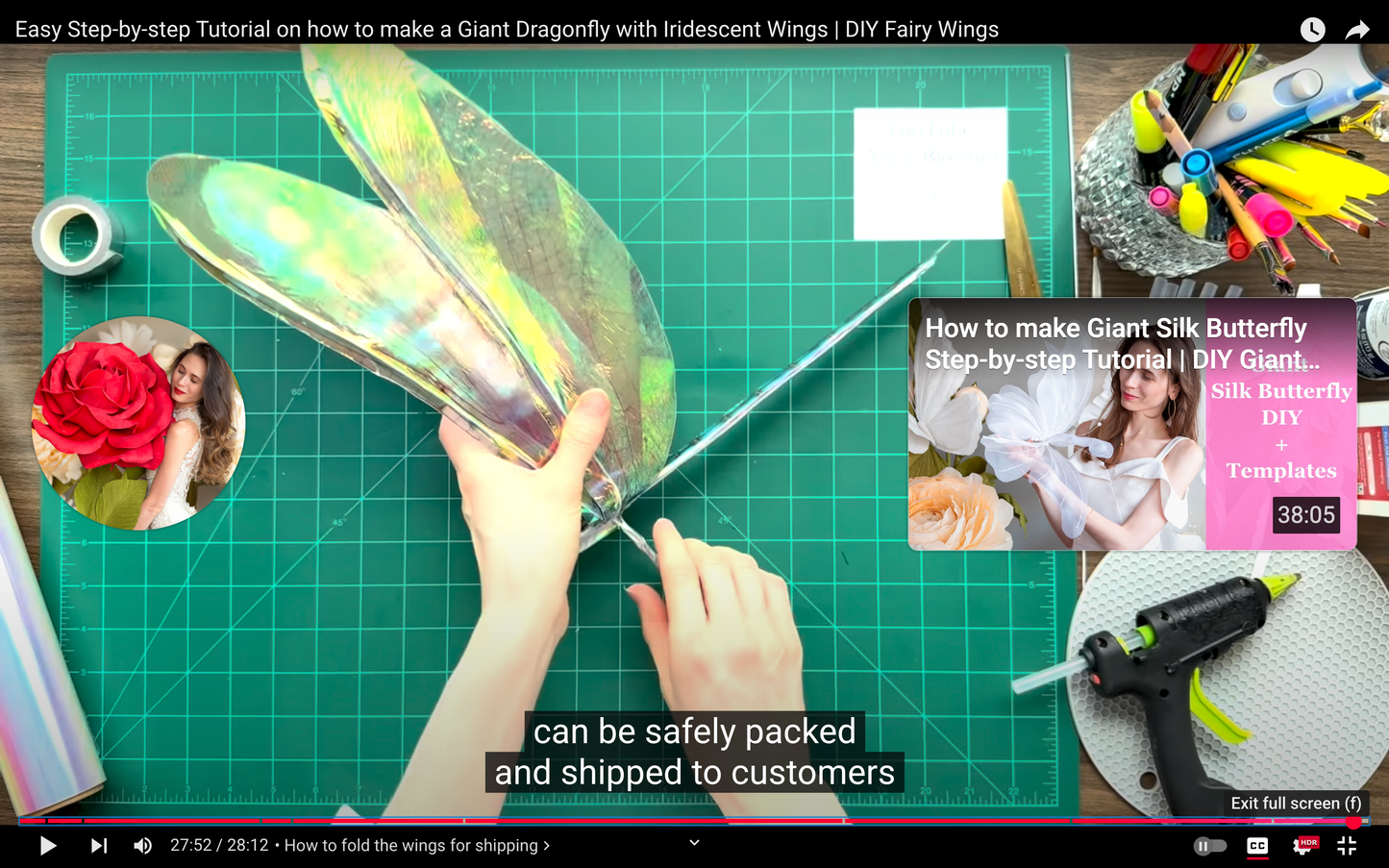 Step-by-step tutorial on making a giant dragonfly with iridescent wings on a green cutting mat.