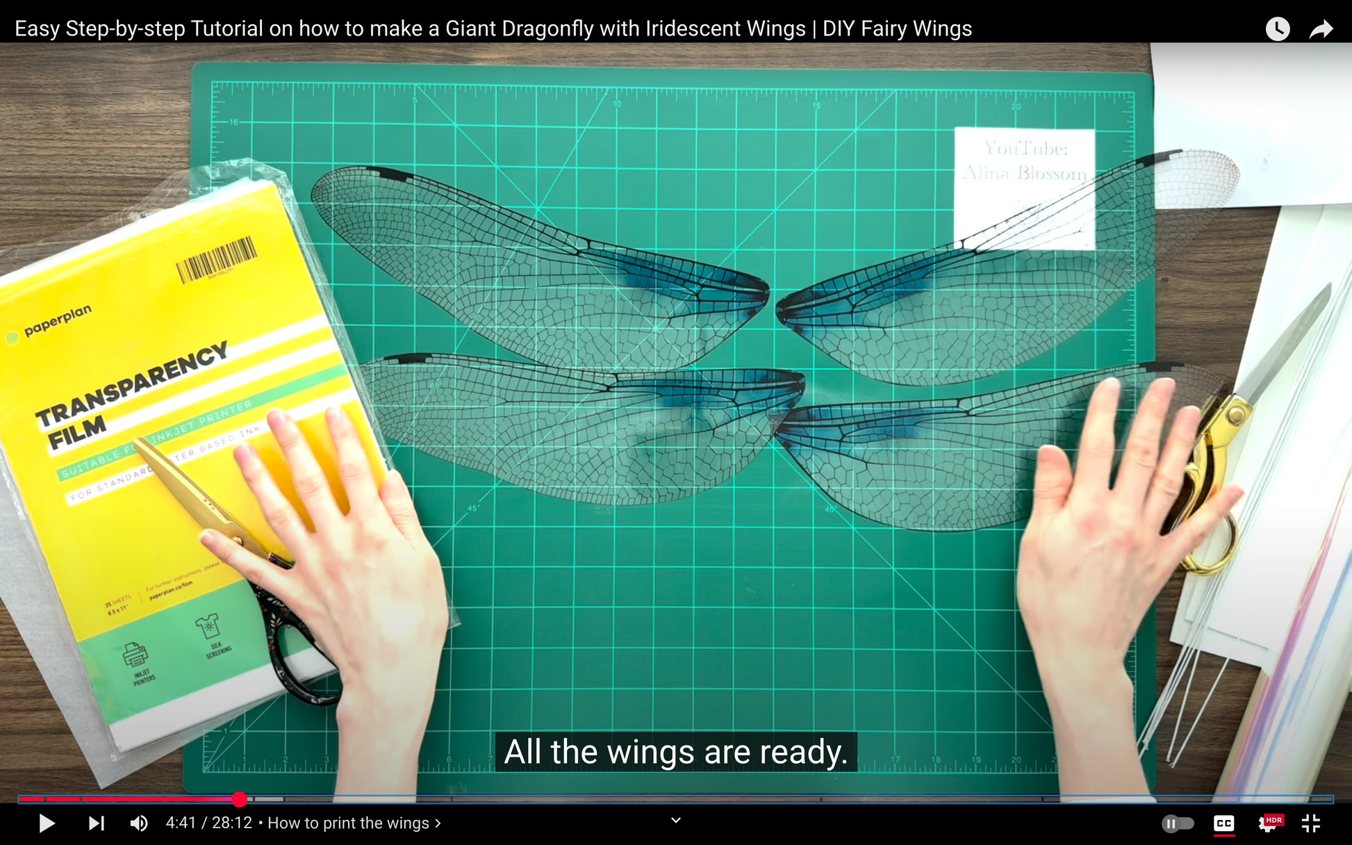 Step-by-step tutorial on making a Giant Dragonfly with iridescent wings on a cutting mat.