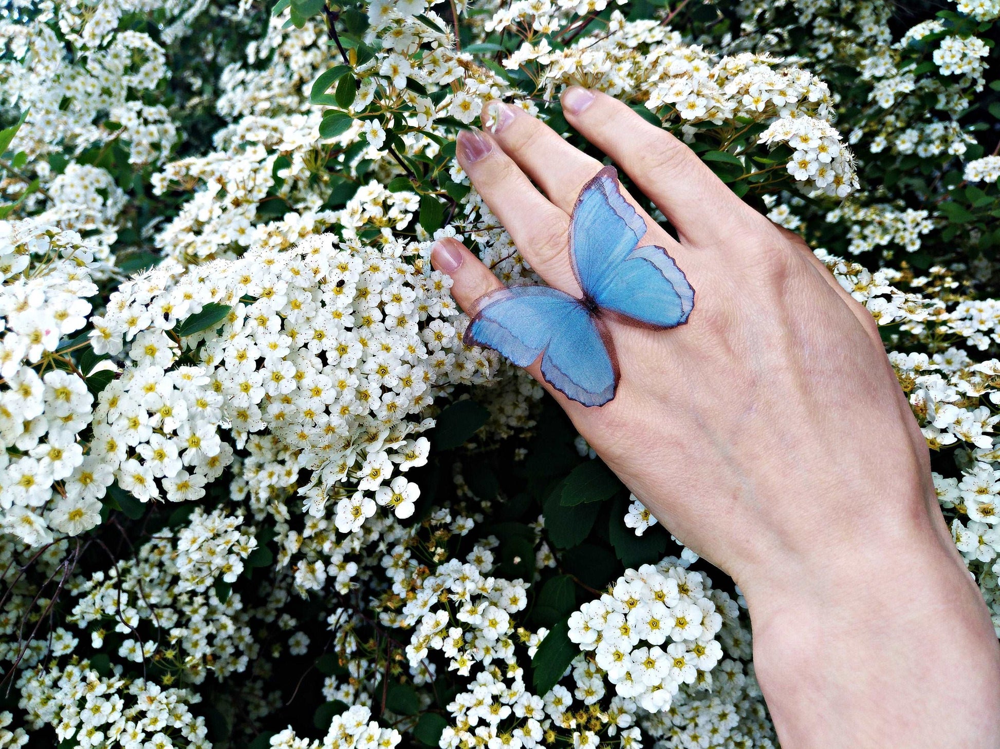 Close-up of blue silk butterfly ring, handmade boho style
