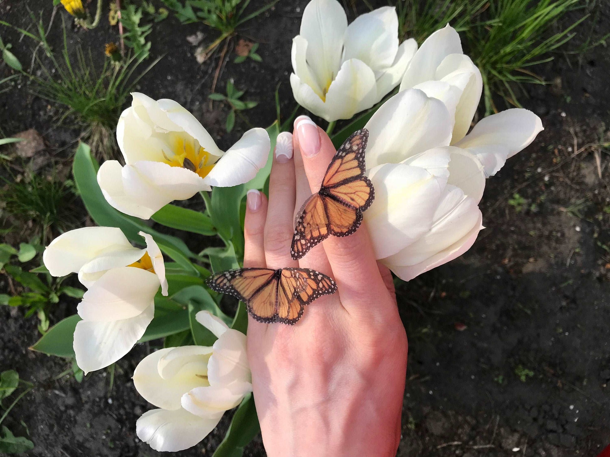 Monarch Butterfly Ring in a Garden Wedding Setting, Elegant and Romantic Jewelry