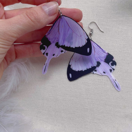 Lilac butterfly wing earrings with gold threader - handmade faux silk wings earrings
