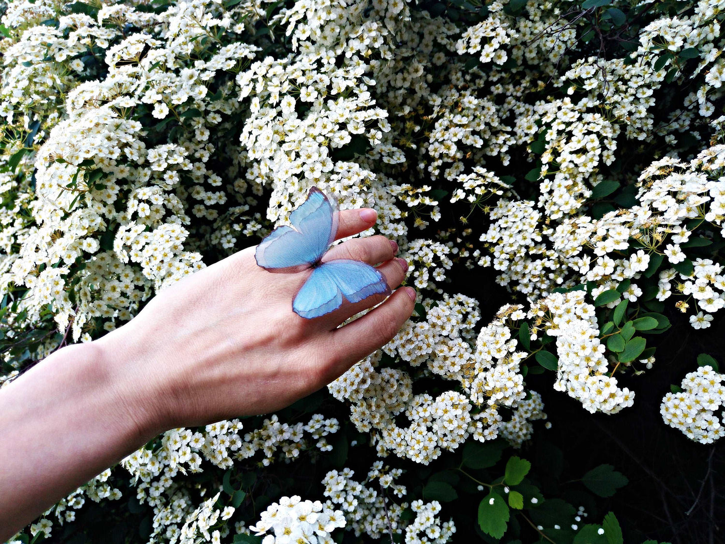 Handmade silk blue butterfly ring for women