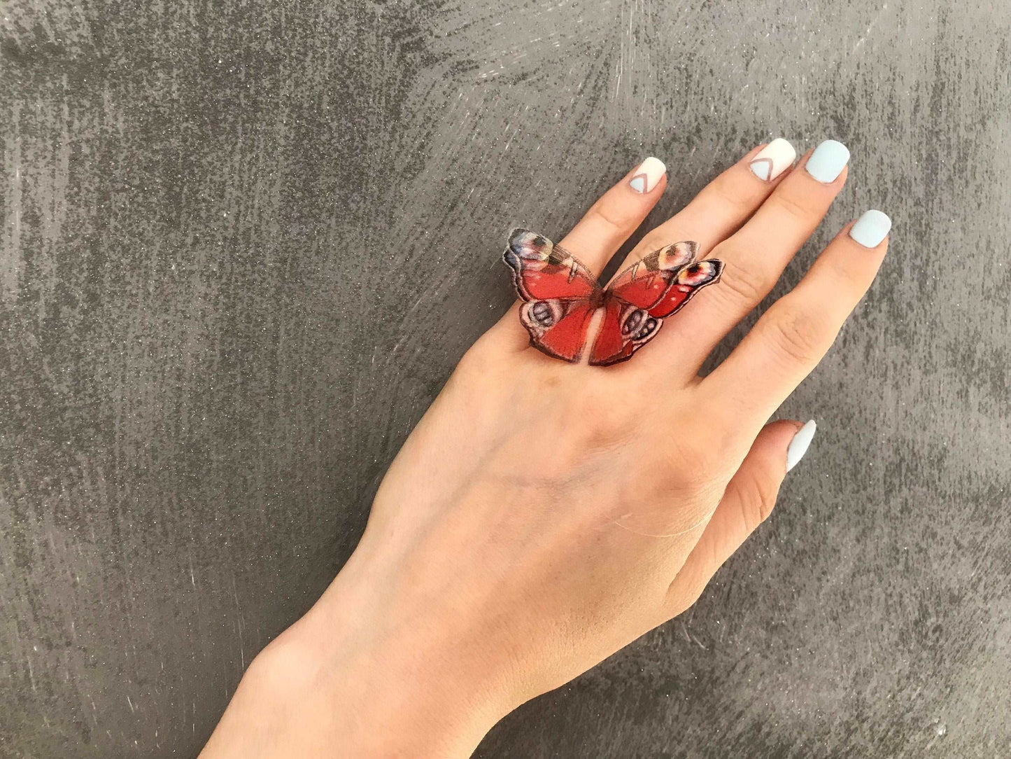 Handcrafted Red Peacock Butterfly Ring with adjustable band