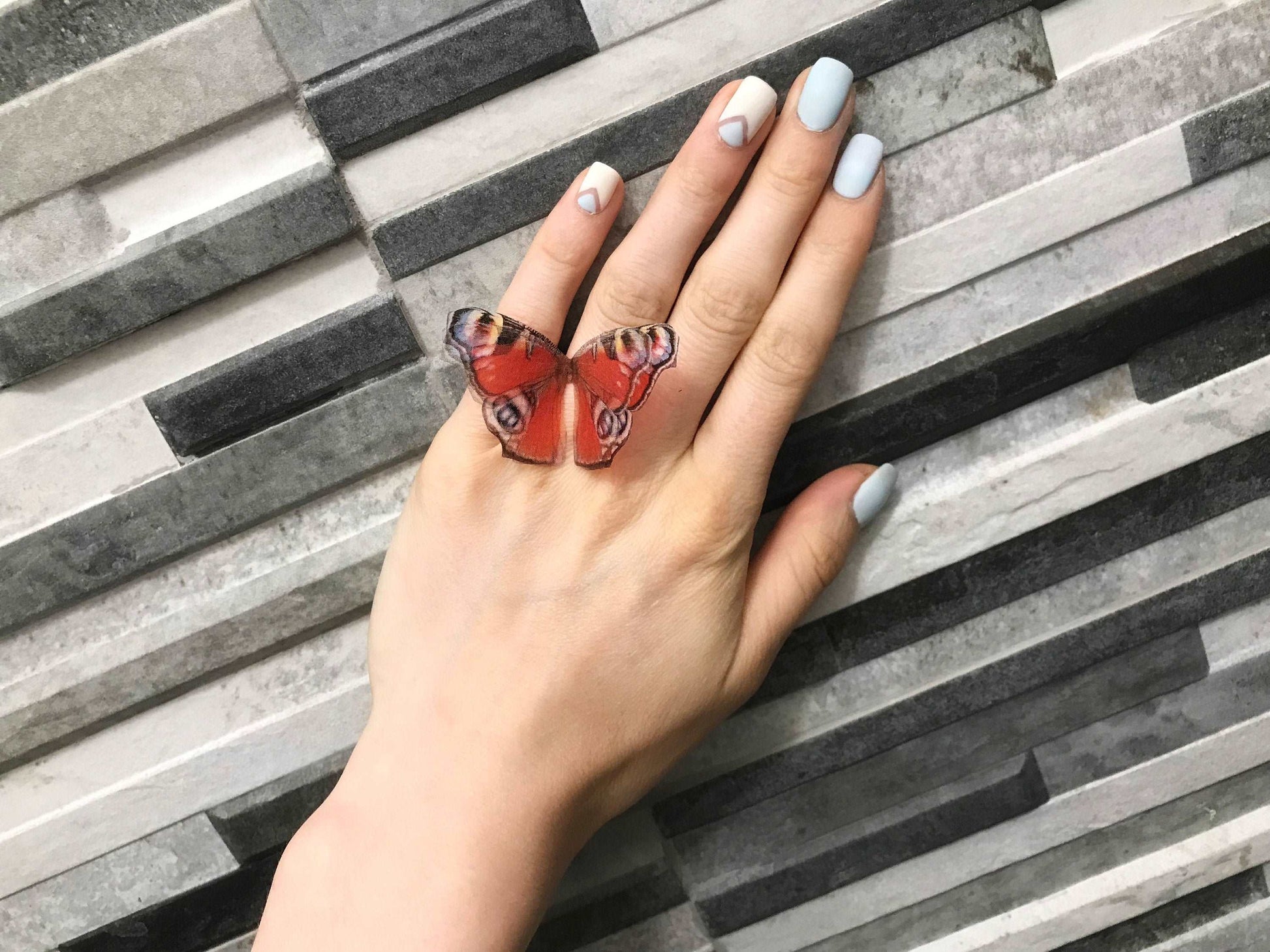 Silk butterfly ring with adjustable band for comfortable fit