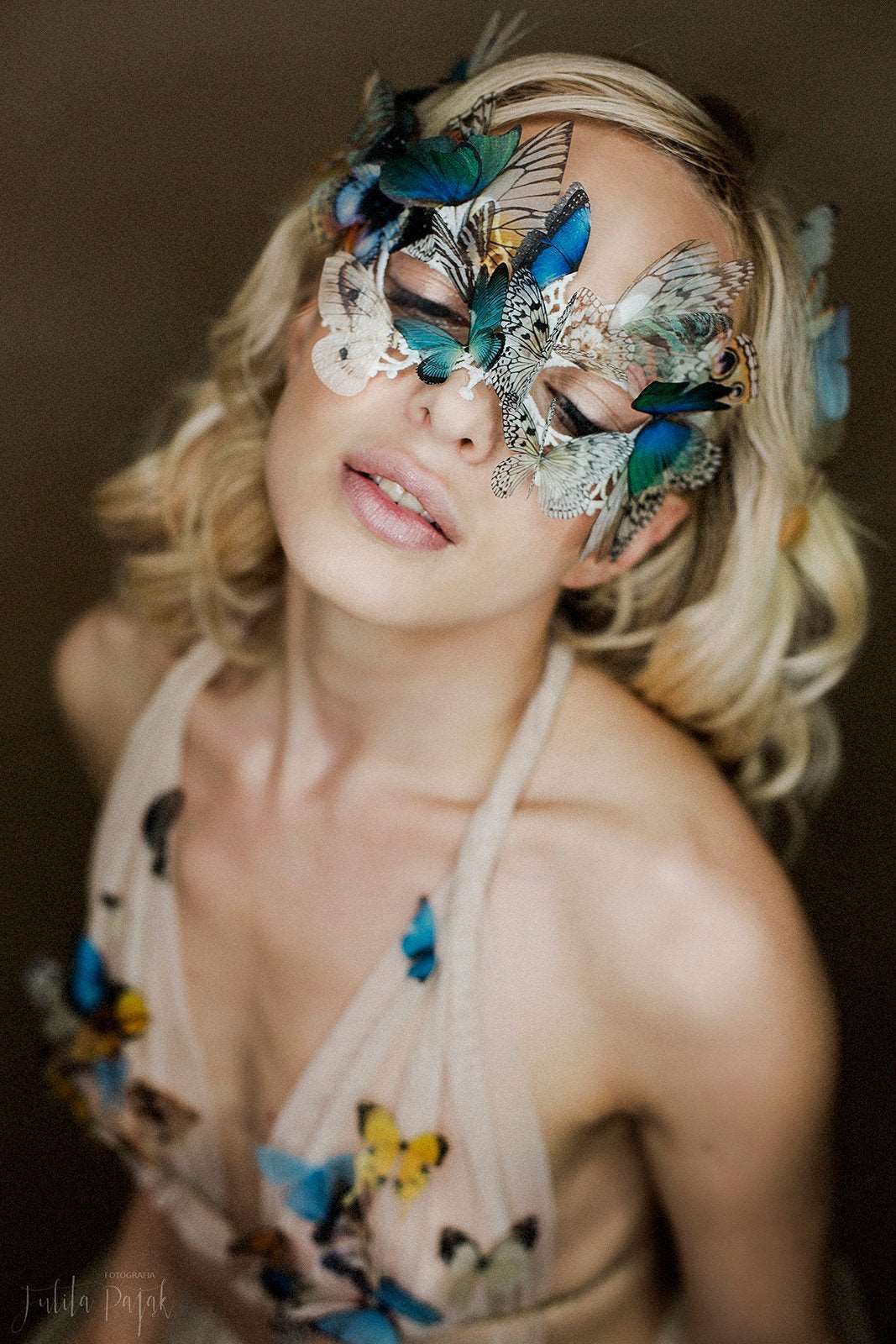 Boho Mask with Butterflies on Blond Girl with Butterfly Bralette