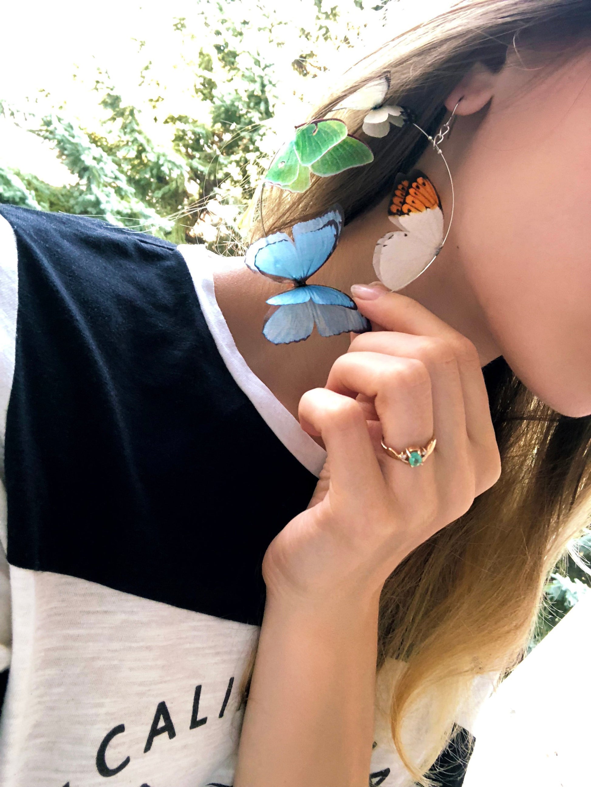 Handmade butterfly hoop earrings with Luna moth charm