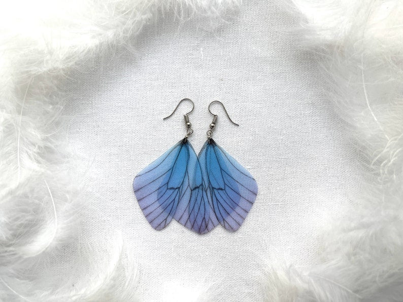 Threader earrings with iridescent blue fairy wings