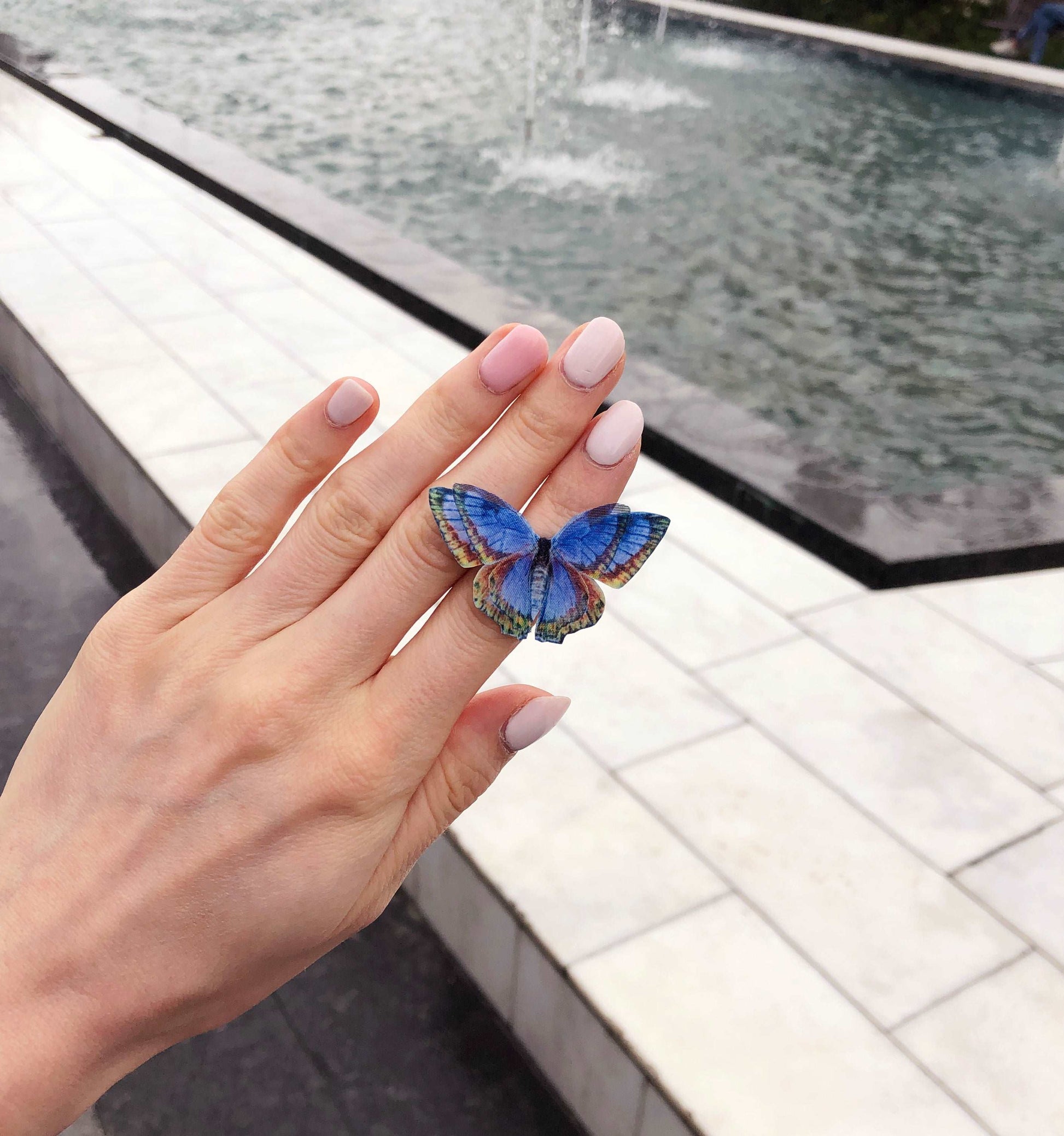 Indigo Blue Butterfly Ring - Handcrafted Insect Jewelry with Faux Silk Butterfly on Natural Background, Statement Ring for Entomology Enthusiasts