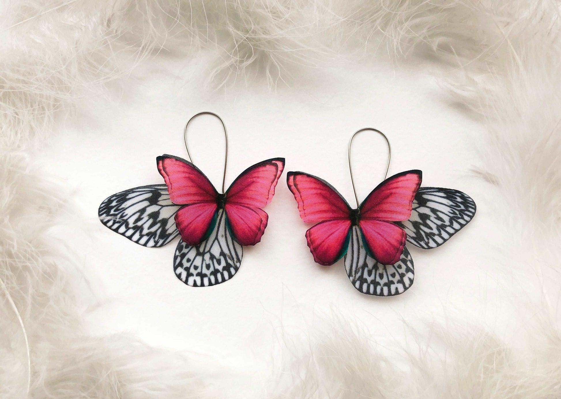 Neon pink moth and butterfly wing earrings