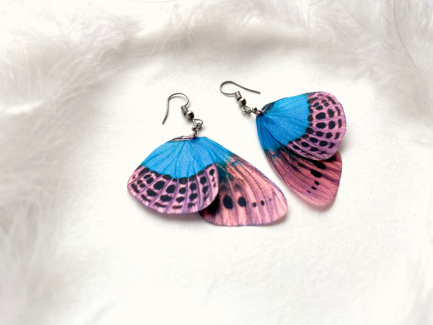 Dainty drop butterfly earrings in pink and leopard pattern