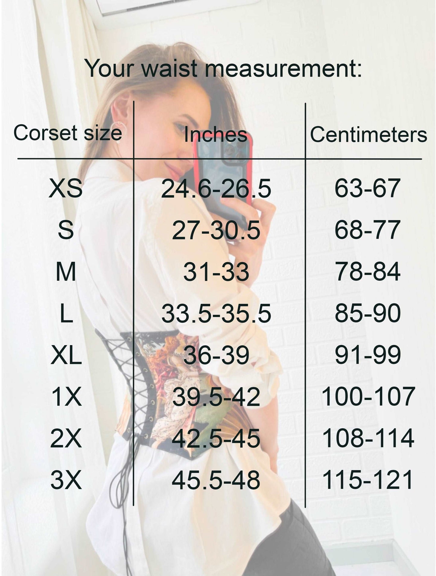 Size chart for corsets size and waist measurement