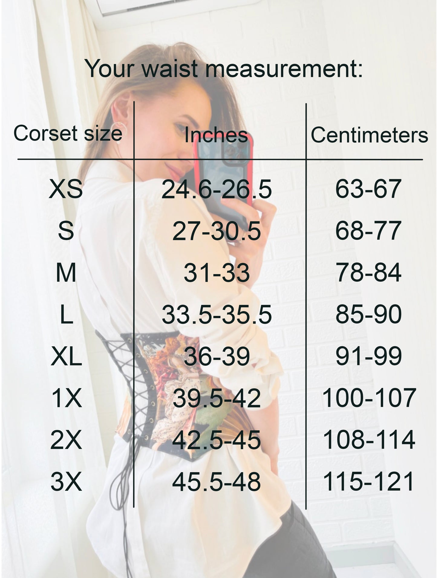 Corset size chart with waist measurement
