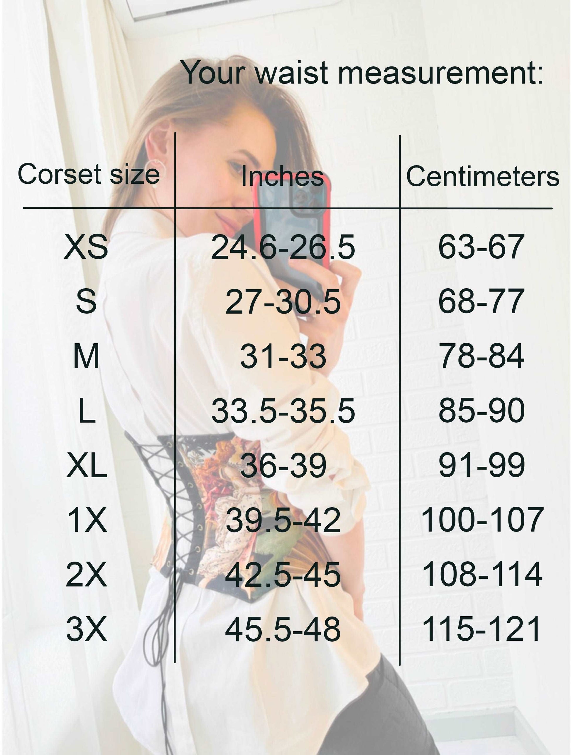 Venus corset size chart with waist measurement